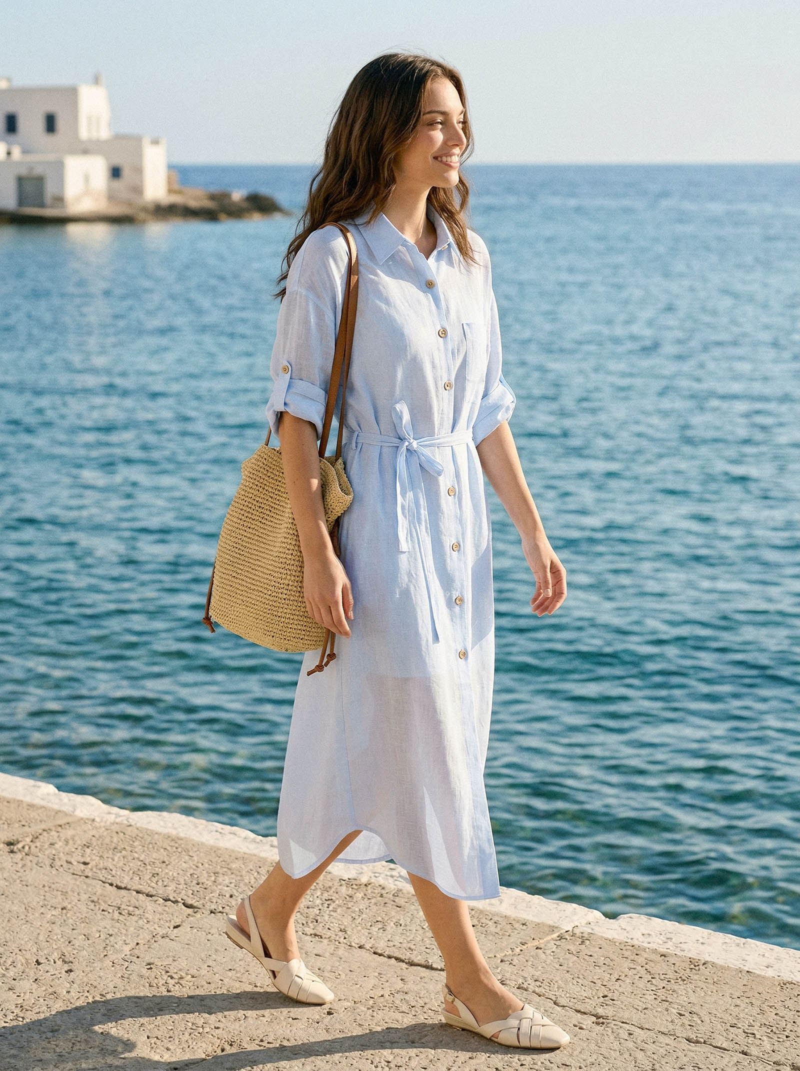 100% Linen Shirt-Collar Folded-Cuff Cocoon Maxi Shirt Dress MIREN